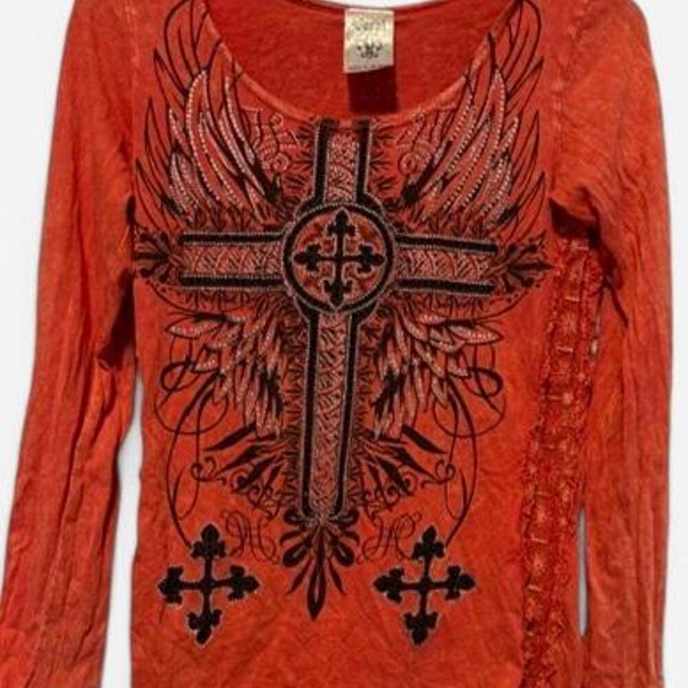Vocal Brand Y2K Western Rhinestone Cross Wing Top Women’s L Orange